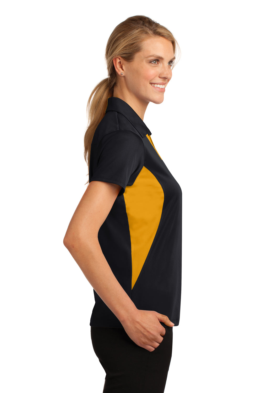 Sport-Tek LST655 Womens Sport-Wick Moisture Wicking Short Sleeve Polo Shirt Black/Gold Side