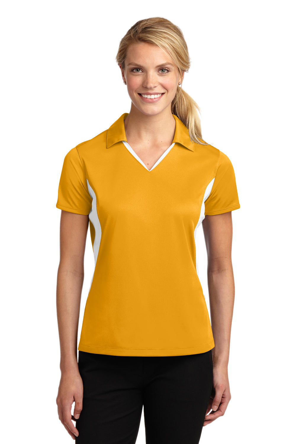 Sport-Tek LST655 Womens Sport-Wick Moisture Wicking Short Sleeve Polo Shirt Gold/White Front