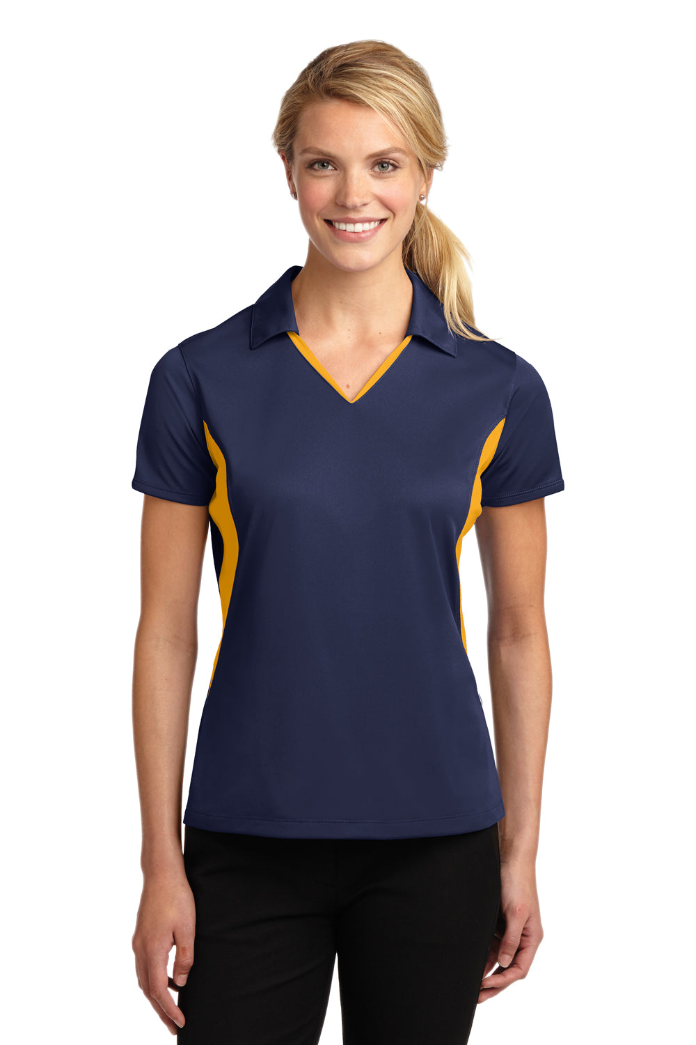 Sport-Tek LST655 Womens True Navy Blue/Gold Sport-Wick Moisture Wicking  Short Sleeve Polo Shirt —