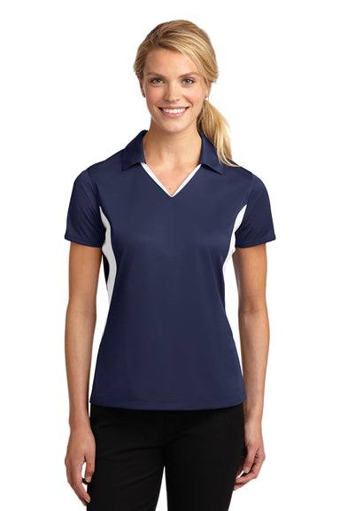 Sport-Tek LST655 Womens Sport-Wick Moisture Wicking Short Sleeve Polo Shirt Navy Blue/White Front