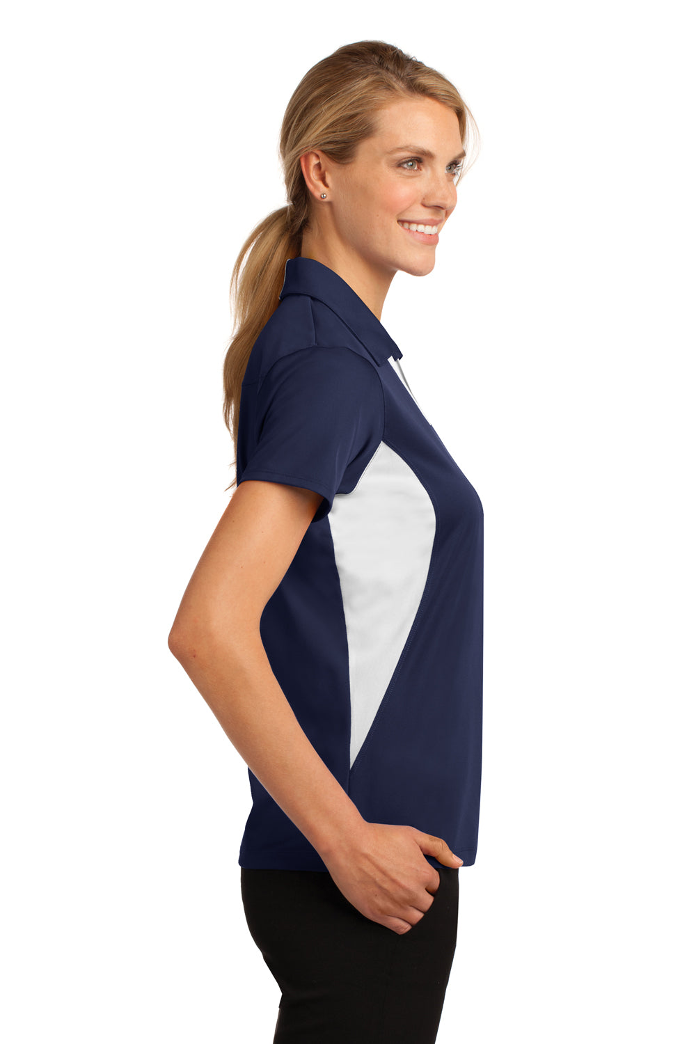 Sport-Tek LST655 Womens Sport-Wick Moisture Wicking Short Sleeve Polo Shirt Navy Blue/White Side
