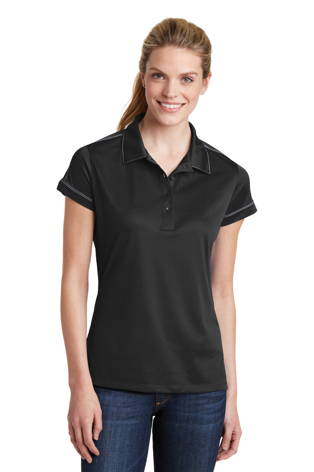 Sport-Tek LST659 Womens Sport-Wick Moisture Wicking Short Sleeve Polo Shirt Black Front