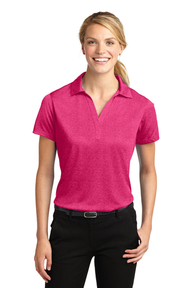 Sport-Tek LST660 Womens Heather Contender Moisture Wicking Short Sleeve Polo Shirt Fuchsia Pink Front