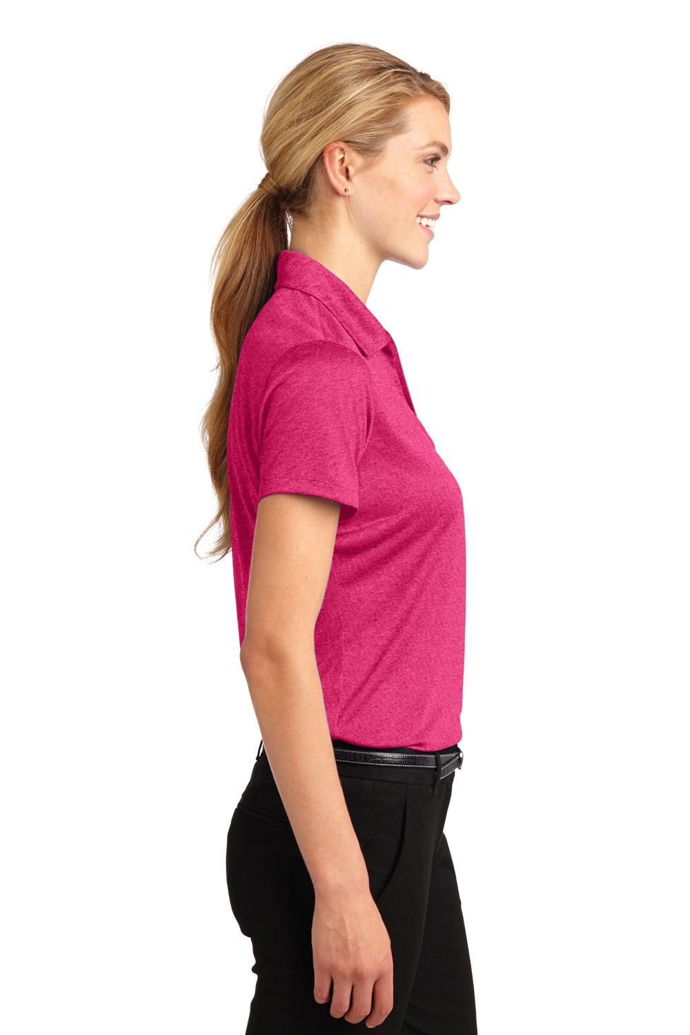 Sport-Tek LST660 Womens Heather Contender Moisture Wicking Short Sleeve Polo Shirt Fuchsia Pink Side
