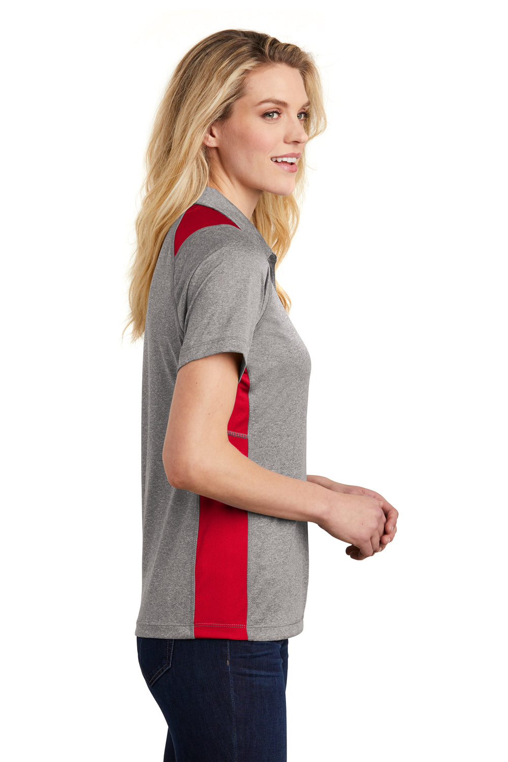 Sport-Tek LST665 Womens Heather Contender Moisture Wicking Short Sleeve Polo Shirt Vintage Grey/Red Side