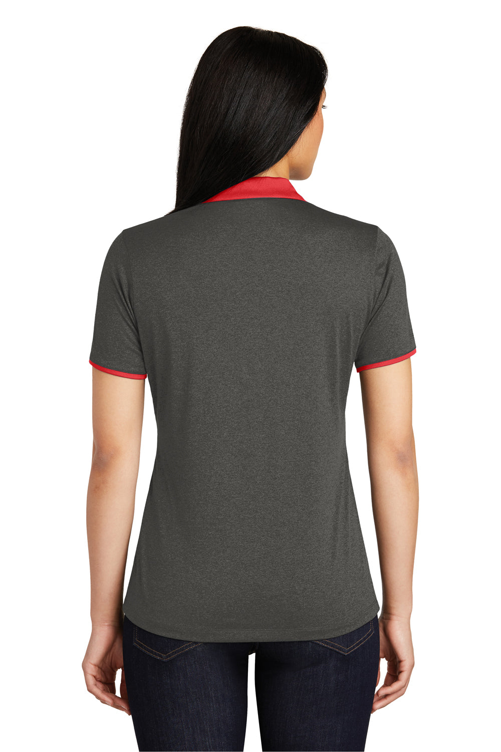 Sport-Tek LST667 Womens Heather Contender Moisture Wicking Short Sleeve Polo Shirt Graphite Grey/Red Back