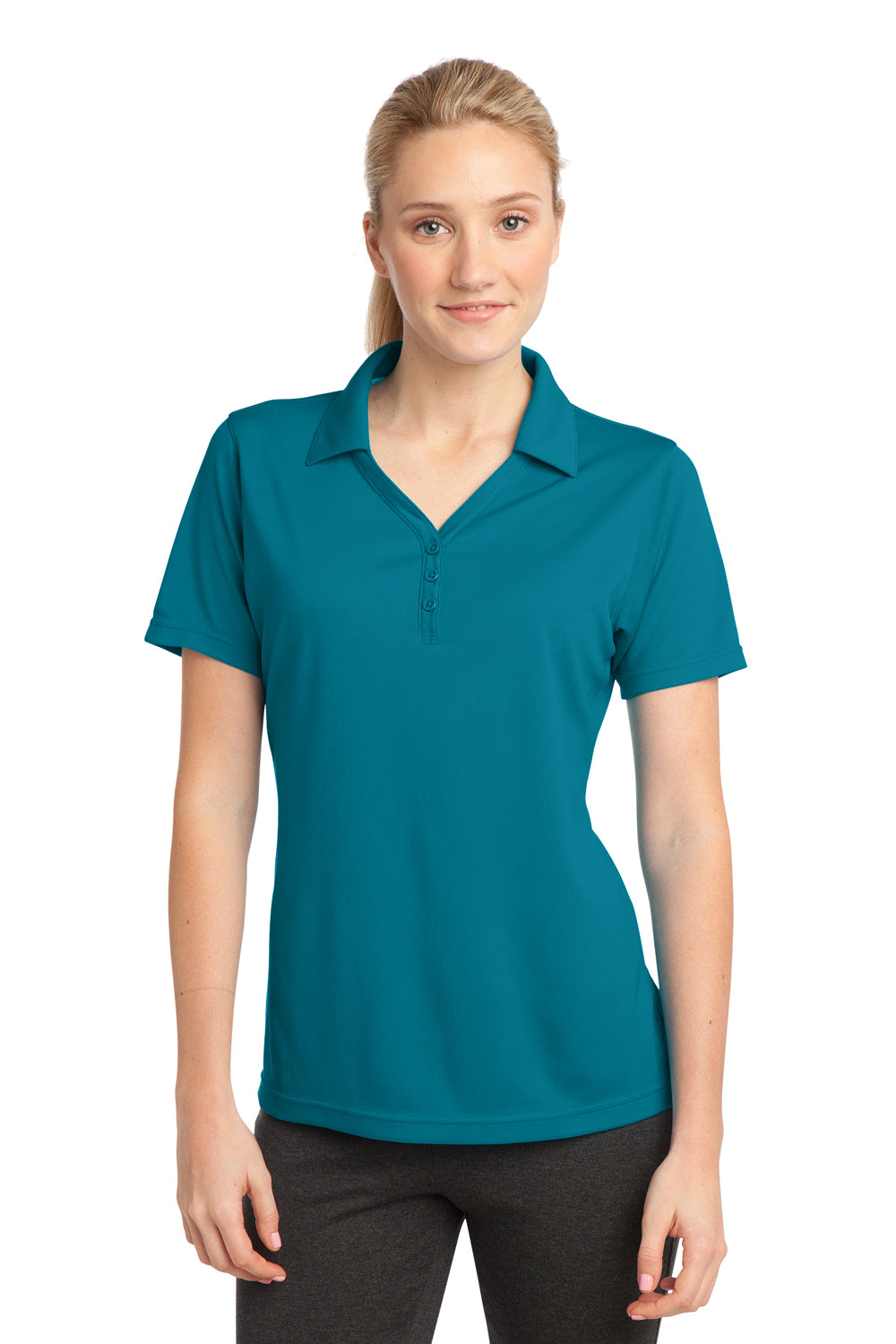 Sport-Tek LST680 Womens Micro-Mesh Moisture Wicking Short Sleeve Polo Shirt Blue Wake Front
