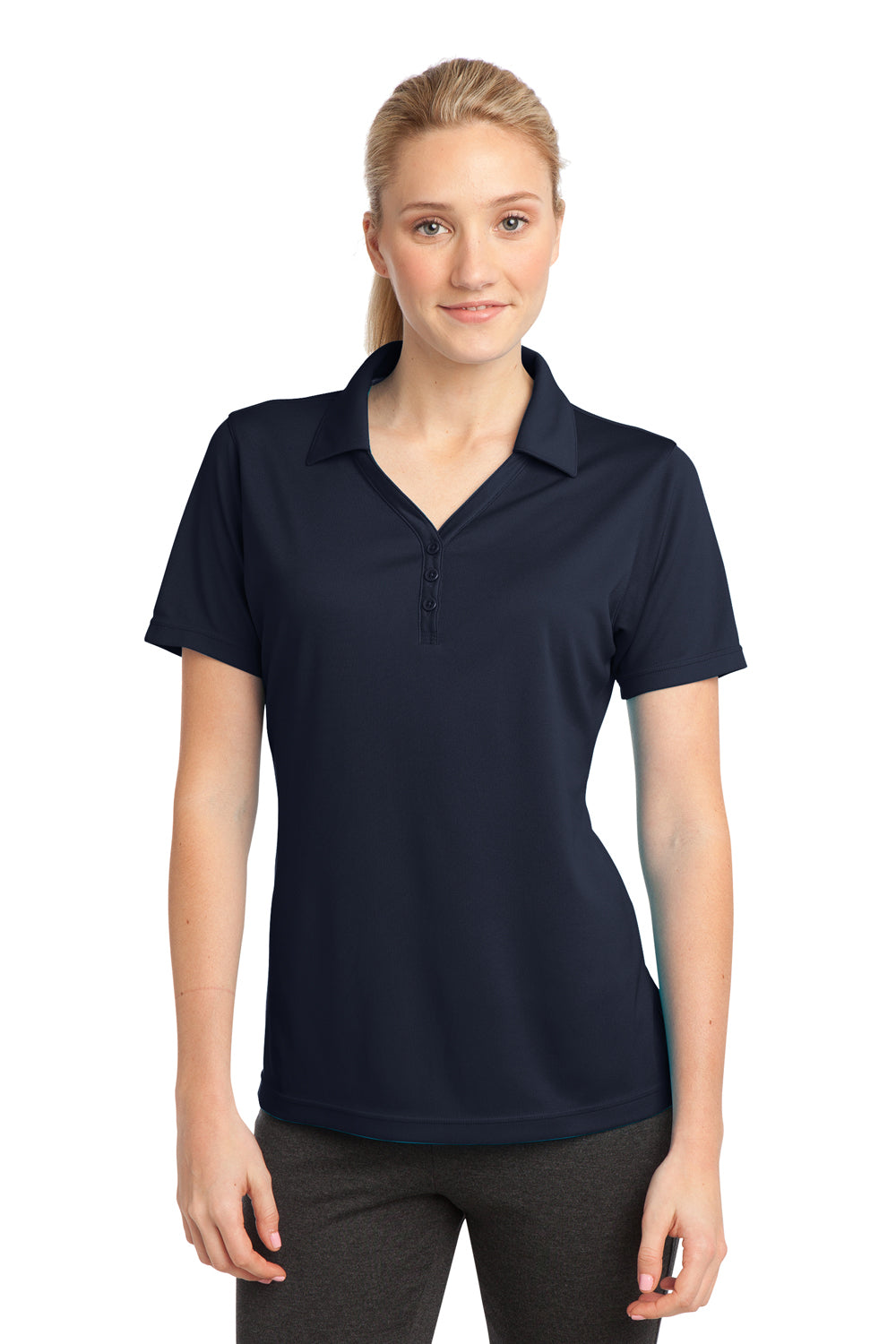 Sport-Tek LST680 Womens Micro-Mesh Moisture Wicking Short Sleeve Polo Shirt Navy Blue Front