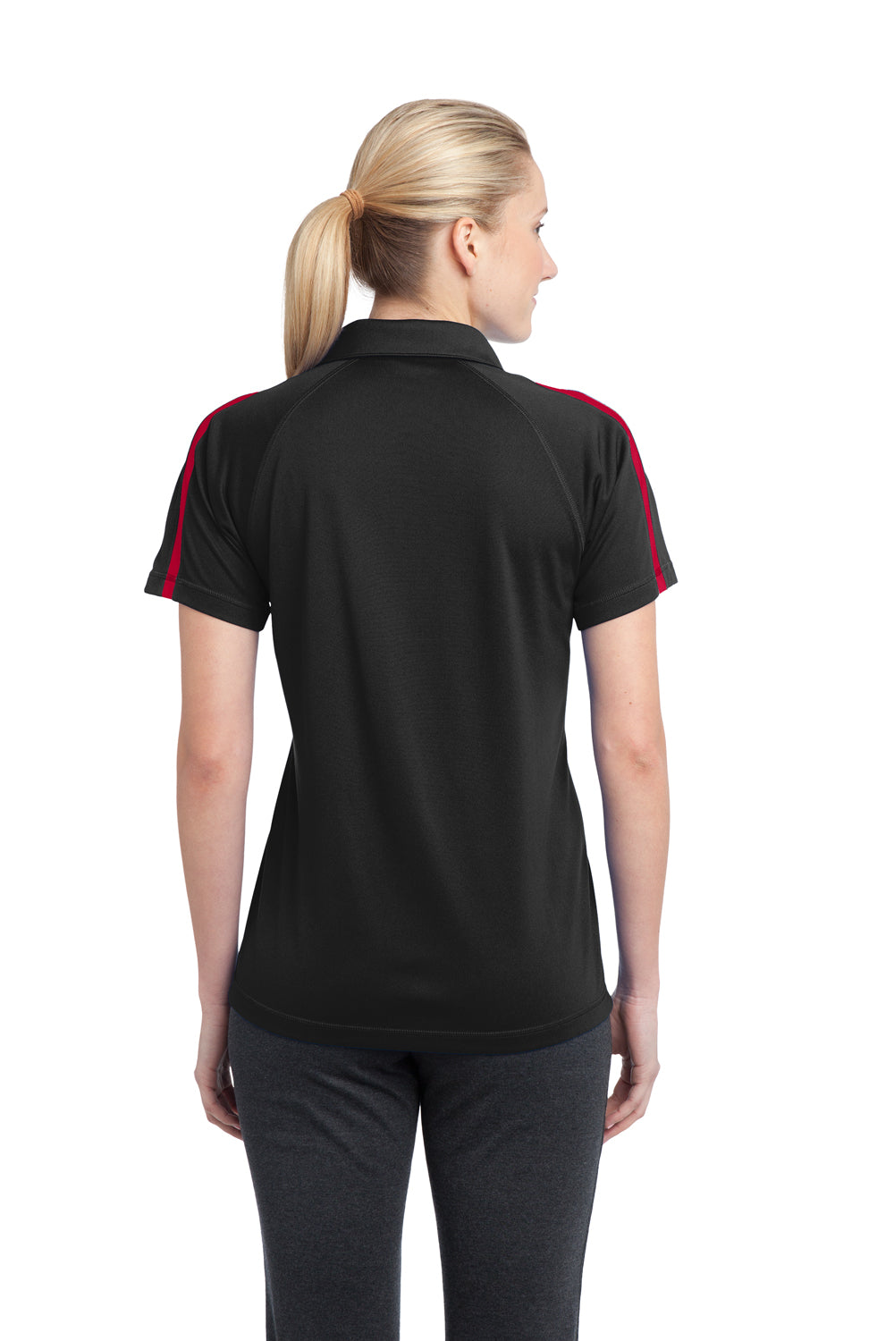 Sport-Tek LST685 Womens Micro-Mesh Moisture Wicking Short Sleeve Polo Shirt Black/Red Back