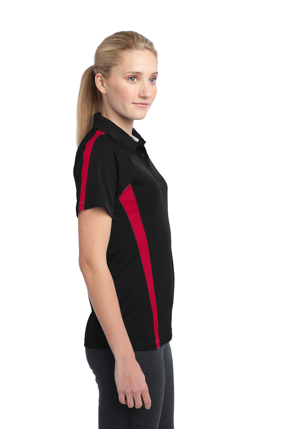 Sport-Tek LST685 Womens Micro-Mesh Moisture Wicking Short Sleeve Polo Shirt Black/Red Side