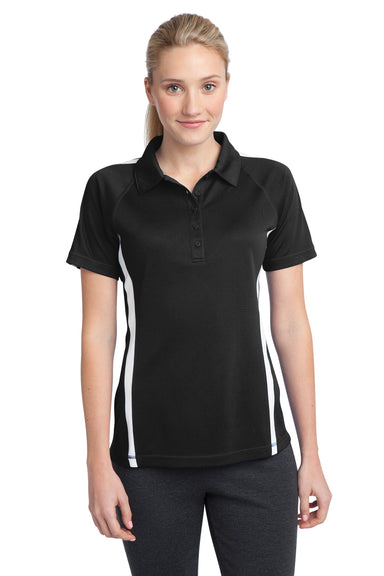 Sport-Tek LST685 Womens Micro-Mesh Moisture Wicking Short Sleeve Polo Shirt Black Front