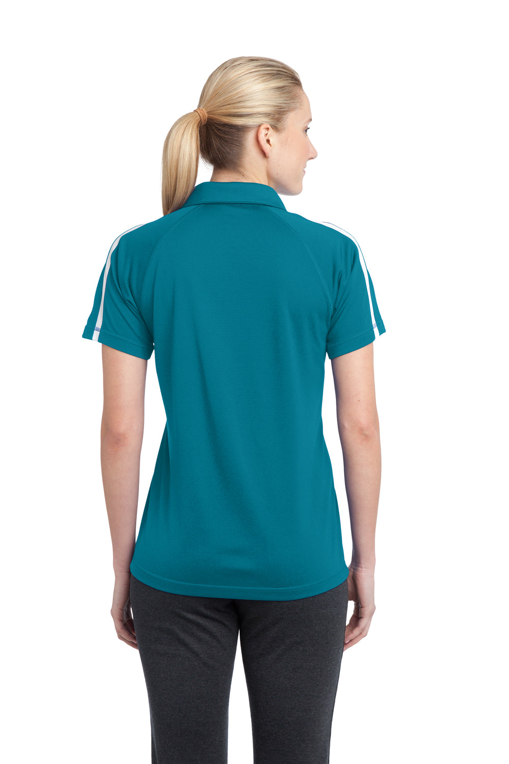Sport-Tek LST685 Womens Micro-Mesh Moisture Wicking Short Sleeve Polo Shirt Blue Wake Back
