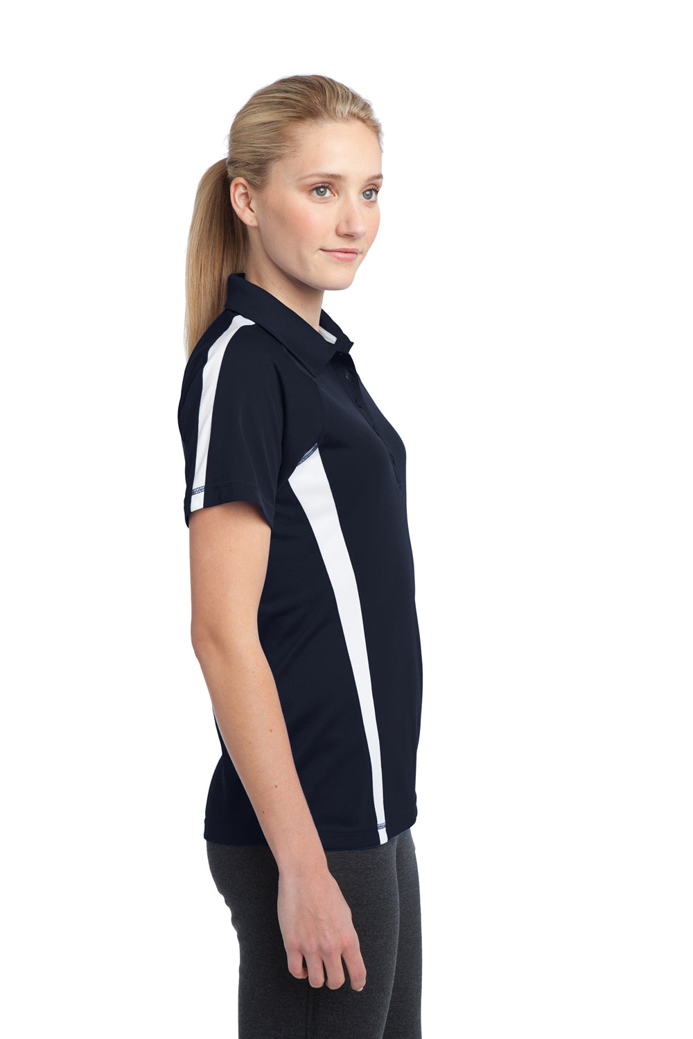 Sport-Tek LST685 Womens Micro-Mesh Moisture Wicking Short Sleeve Polo Shirt Navy Blue Side