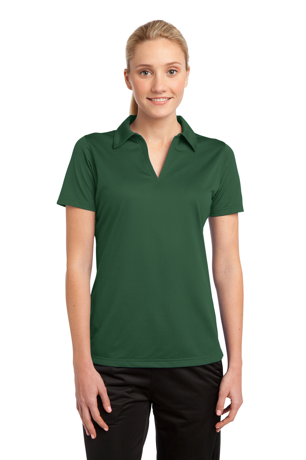 Sport-Tek LST690 Womens Active Mesh Moisture Wicking Short Sleeve Polo Shirt Forest Green Front