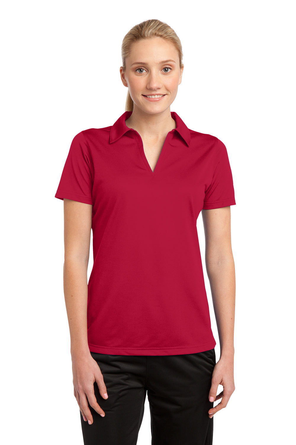 Sport-Tek LST690 Womens Active Mesh Moisture Wicking Short Sleeve Polo Shirt Red Front