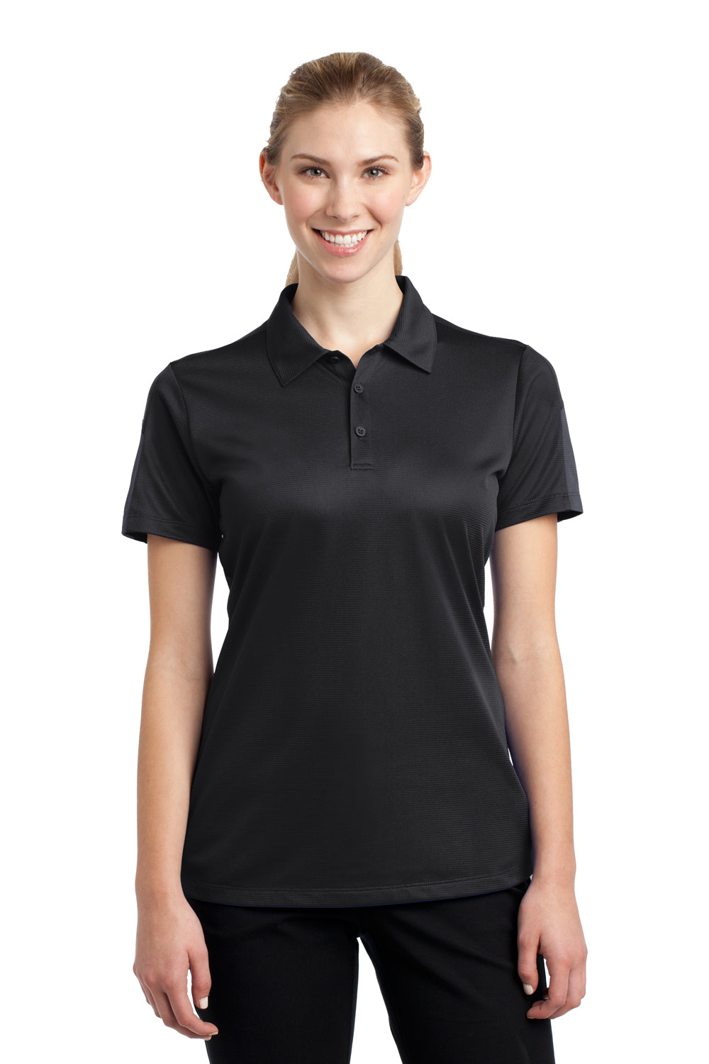 Sport-Tek LST695 Womens Active Mesh Moisture Wicking Short Sleeve Polo Shirt Black/Grey Front