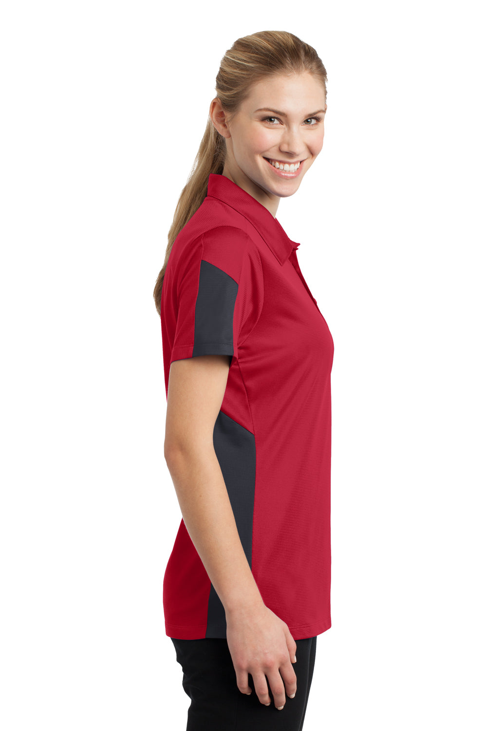 Sport-Tek LST695 Womens Active Mesh Moisture Wicking Short Sleeve Polo Shirt Red/Grey Side