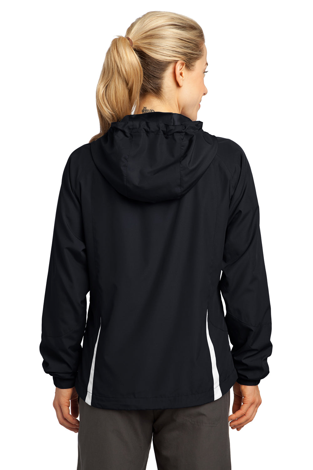 Sport-Tek LST76 Womens Water Resistant Full Zip Hooded Jacket Black Back