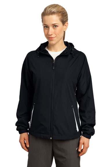 Sport-Tek LST76 Womens Water Resistant Full Zip Hooded Jacket Black Front