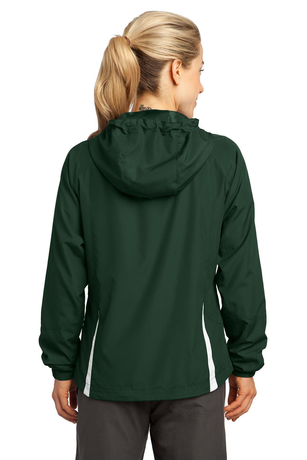 Sport-Tek LST76 Womens Water Resistant Full Zip Hooded Jacket Forest Green Back