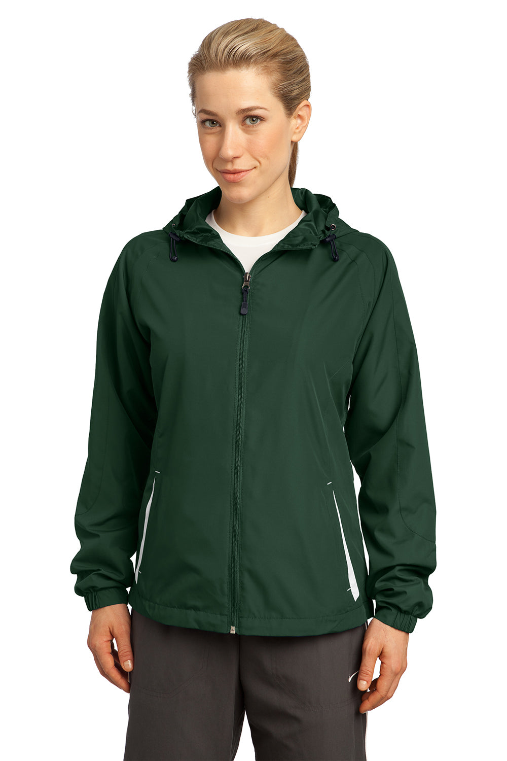 Sport-Tek LST76 Womens Water Resistant Full Zip Hooded Jacket Forest Green Front