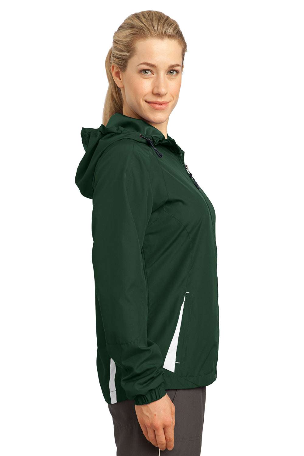 Sport-Tek LST76 Womens Water Resistant Full Zip Hooded Jacket Forest Green Side