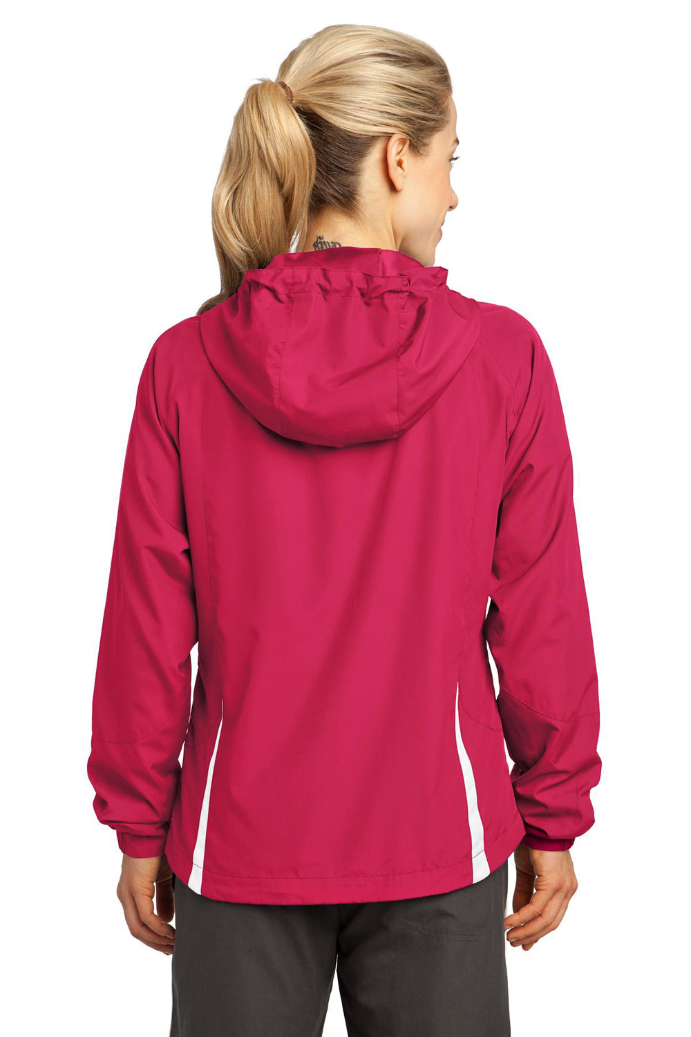 Sport-Tek LST76 Womens Water Resistant Full Zip Hooded Jacket Fuchsia Pink Back