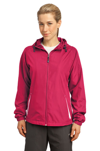 Sport-Tek LST76 Womens Water Resistant Full Zip Hooded Jacket Fuchsia Pink Front
