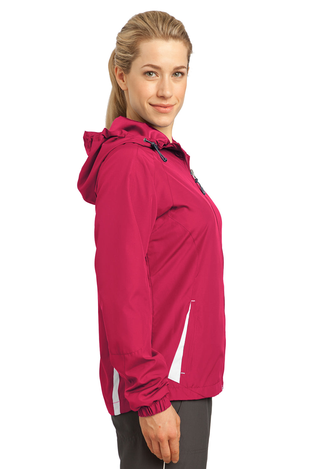 Sport-Tek LST76 Womens Water Resistant Full Zip Hooded Jacket Fuchsia Pink Side