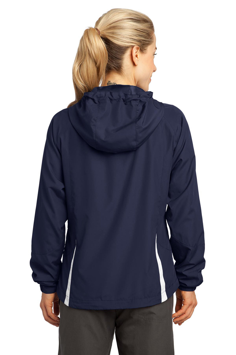 Sport-Tek LST76 Womens Water Resistant Full Zip Hooded Jacket Navy Blue Back