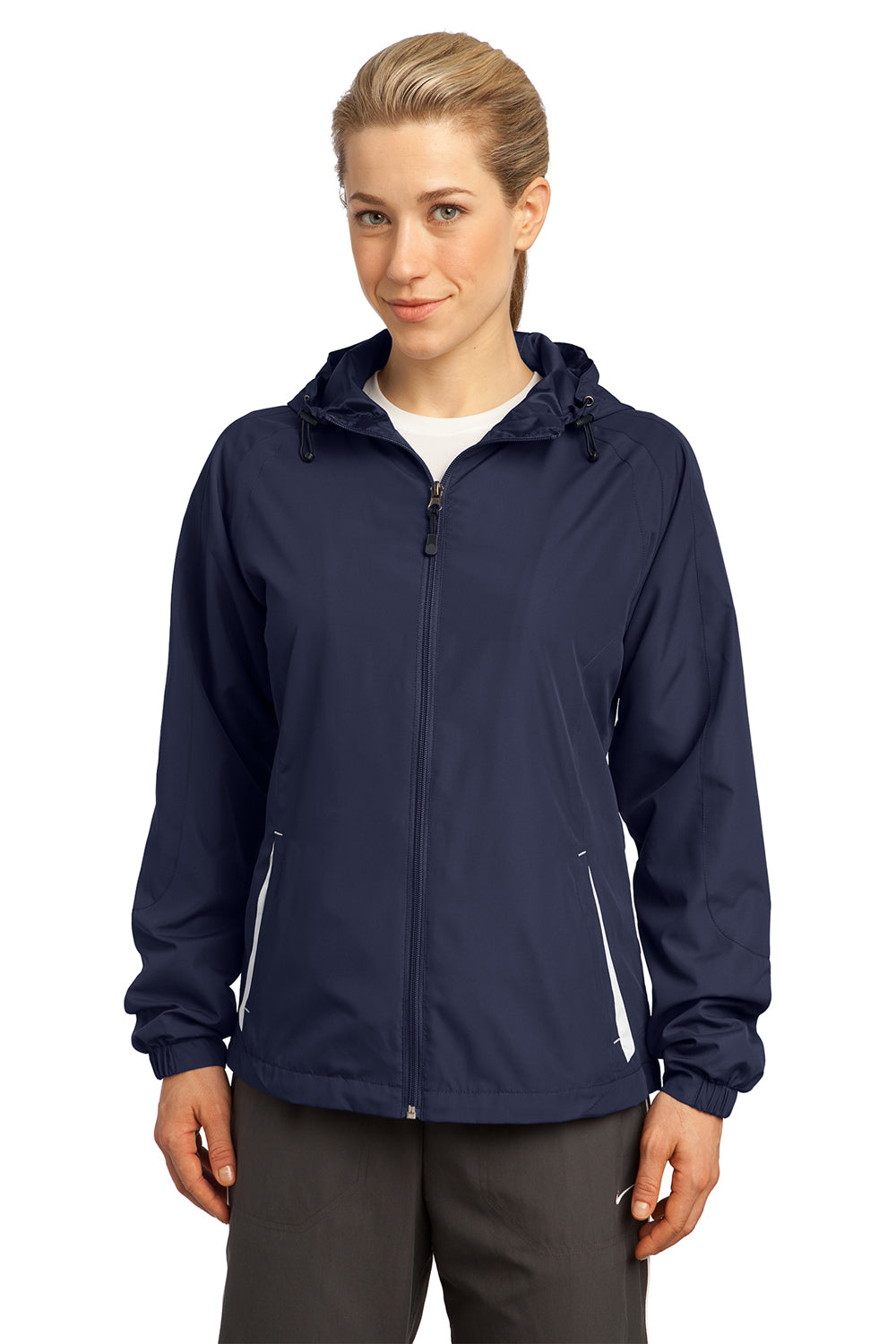 Sport-Tek LST76 Womens Water Resistant Full Zip Hooded Jacket Navy Blue Front