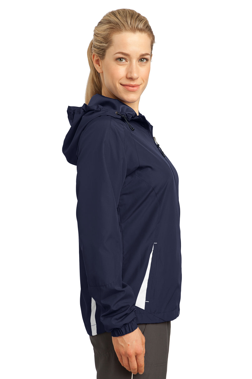 Sport-Tek LST76 Womens Water Resistant Full Zip Hooded Jacket Navy Blue Side