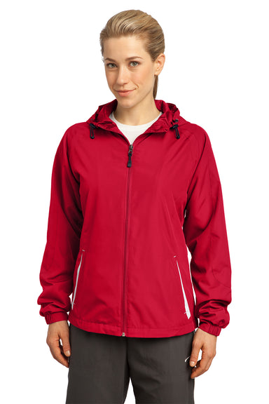 Sport-Tek LST76 Womens Water Resistant Full Zip Hooded Jacket Red Front