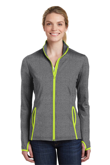 Sport-Tek LST853 Womens Sport-Wick Moisture Wicking Full Zip Jacket Heather Grey/Neon Green Front