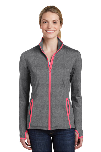 Sport-Tek LST853 Womens Sport-Wick Moisture Wicking Full Zip Jacket Heather Grey/Hot Coral Pink Front