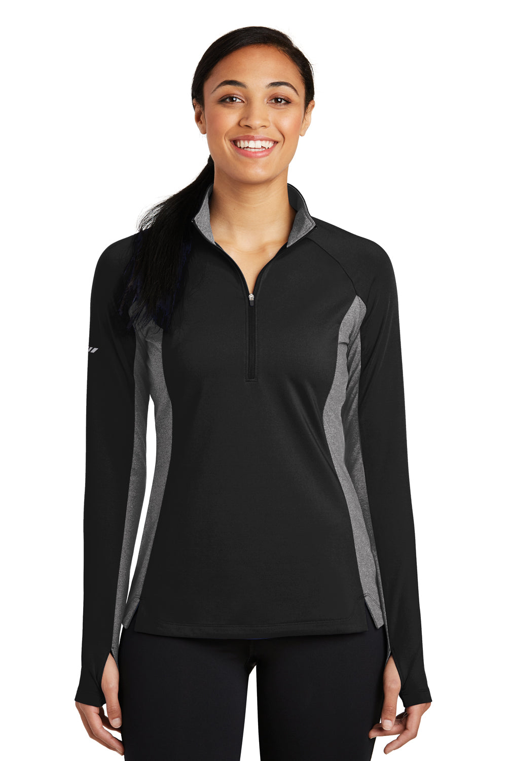 Sport-Tek LST854 Womens Sport-Wick Moisture Wicking 1/4 Zip Sweatshirt Black/Heather Charcoal Grey Front