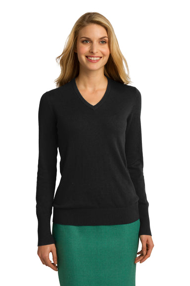 Port Authority LSW285 Womens Long Sleeve V-Neck Sweater Black Front