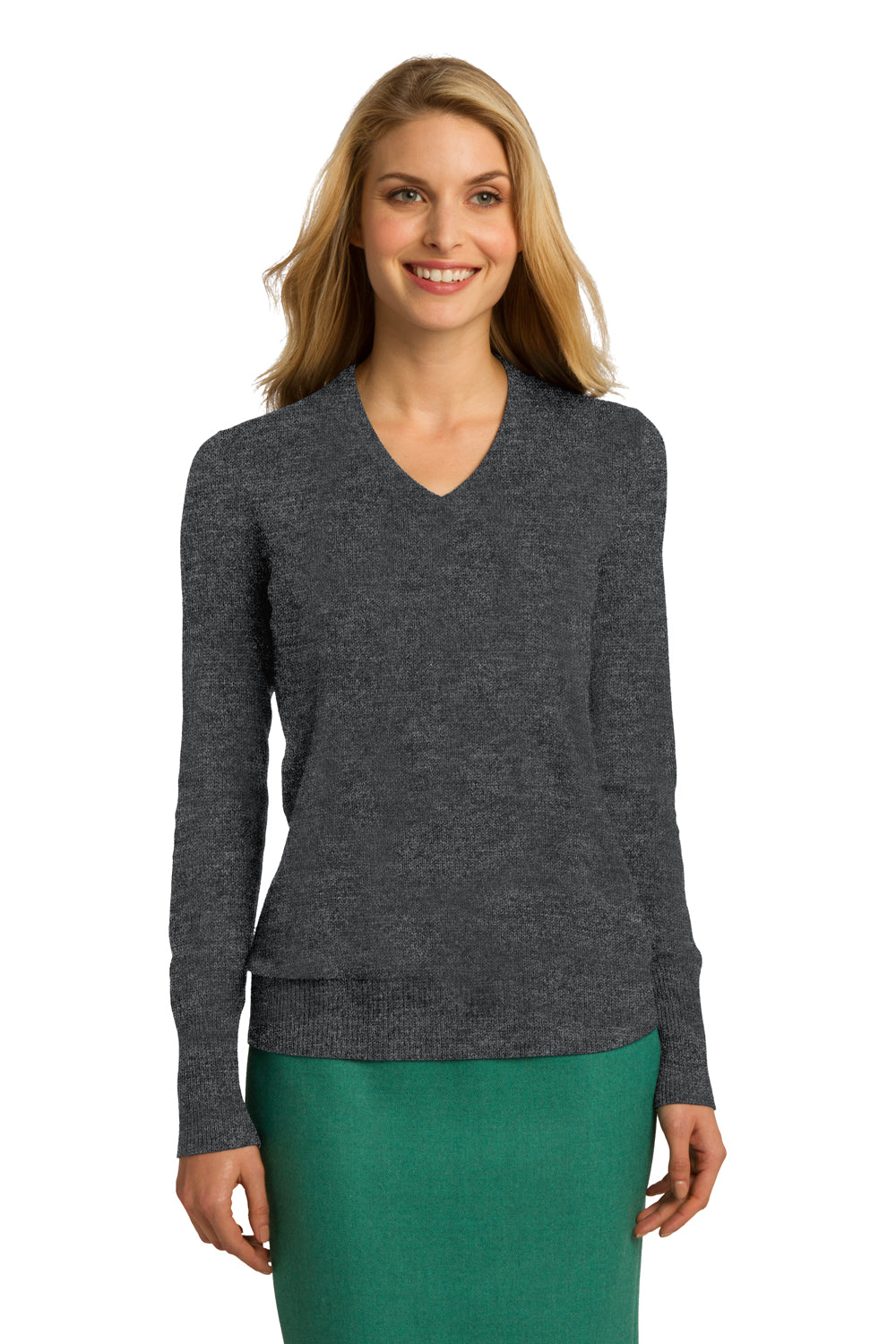 Port Authority LSW285 Womens Long Sleeve V-Neck Sweater Heather Charcoal Grey Front