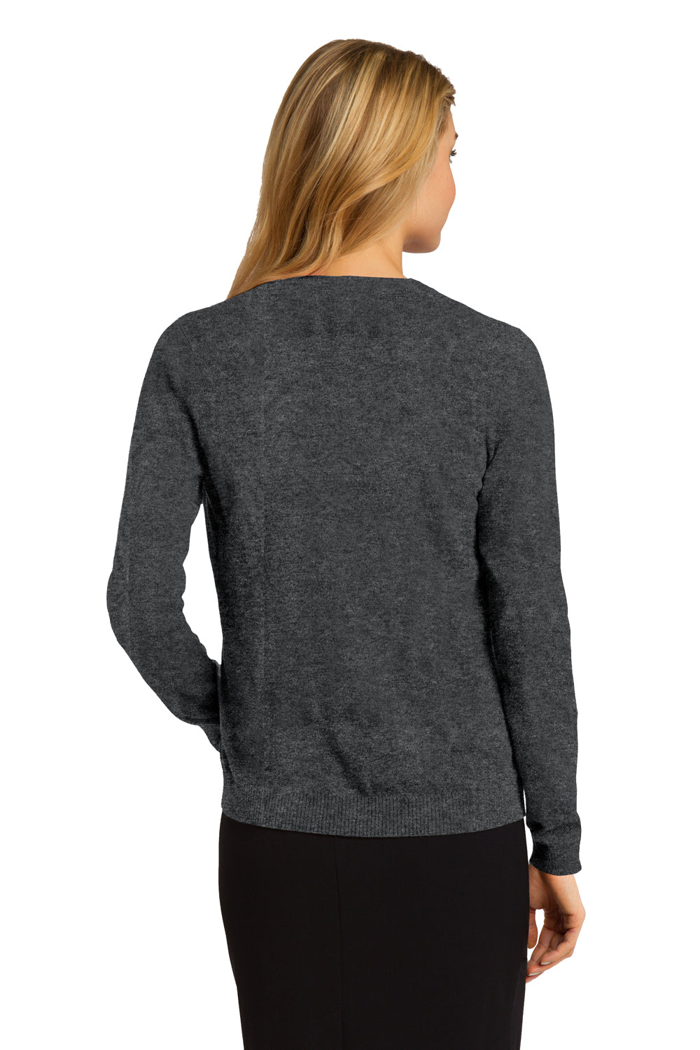 Port Authority LSW287 Womens Long Sleeve Cardigan Sweater Heather Charcoal Grey Back