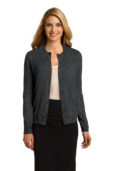Port Authority LSW287 Womens Long Sleeve Cardigan Sweater Heather Charcoal Grey Front
