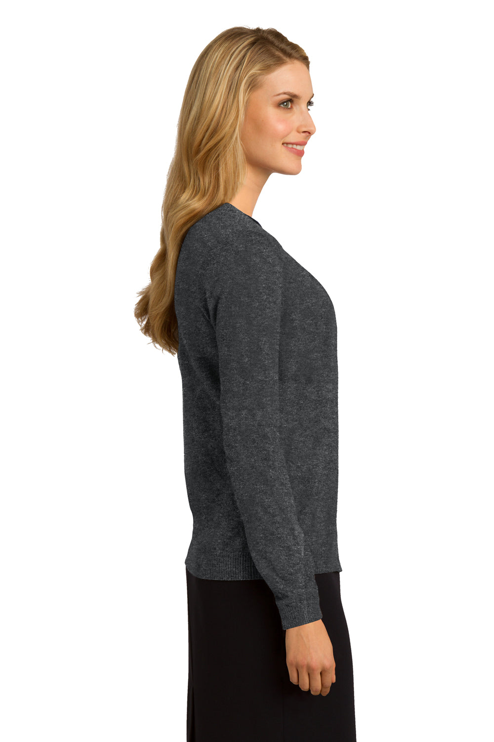 Port Authority LSW287 Womens Long Sleeve Cardigan Sweater Heather Charcoal Grey Side
