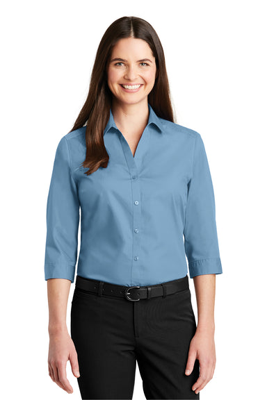 Port Authority LW102 Womens Carefree Stain Resistant 3/4 Sleeve Button Down Shirt Carolina Blue Front