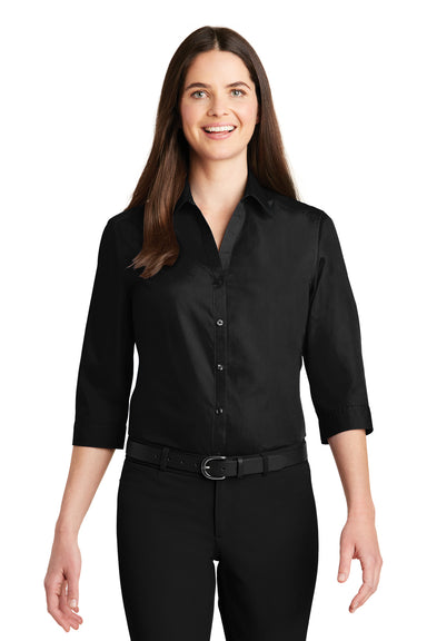 Port Authority LW102 Womens Carefree Stain Resistant 3/4 Sleeve Button Down Shirt Black Front
