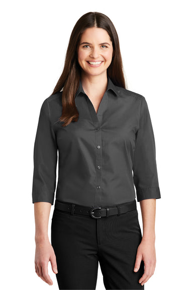 Port Authority LW102 Womens Carefree Stain Resistant 3/4 Sleeve Button Down Shirt Graphite Grey Front