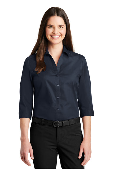 Port Authority LW102 Womens Carefree Stain Resistant 3/4 Sleeve Button Down Shirt Navy Blue Front