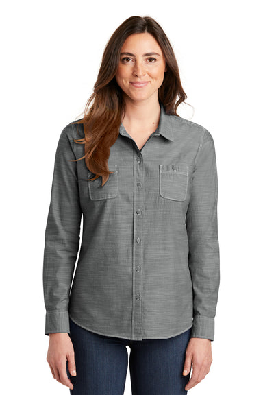 Port Authority LW380 Womens Slub Chambray Long Sleeve Button Down Shirt w/ Double Pockets Grey Front
