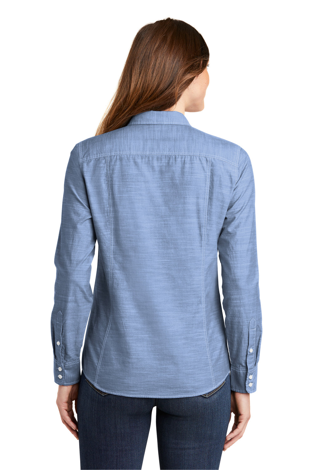 Port Authority LW380 Womens Slub Chambray Long Sleeve Button Down Shirt w/ Double Pockets Blue Back