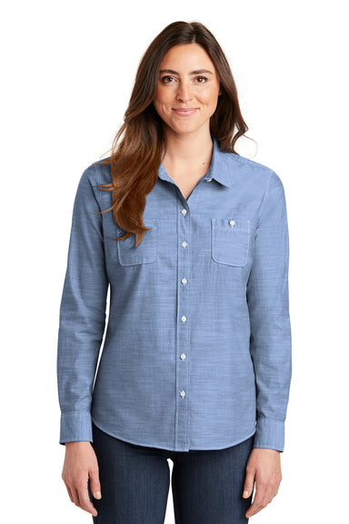 Port Authority LW380 Womens Slub Chambray Long Sleeve Button Down Shirt w/ Double Pockets Blue Front