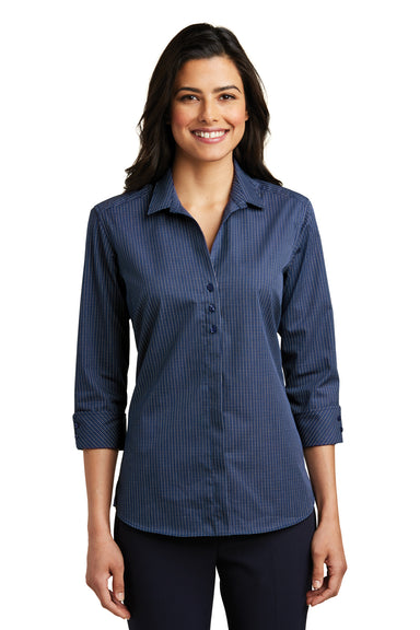 Port Authority LW643 Womens Easy Care Wrinkle Resistant 3/4 Sleeve Button Down Shirt Navy Blue/Heritage Blue Front