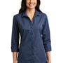 Port Authority Womens Easy Care Wrinkle Resistant 3/4 Sleeve Button Down Shirt - Navy Blue/Heritage Blue - Closeout
